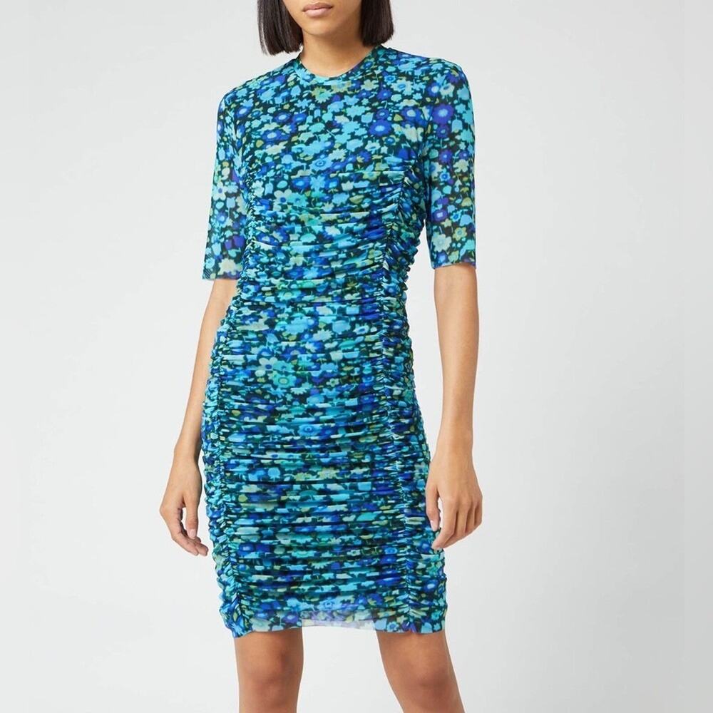 GANNI Multi Printed Mesh Azure Blue Mini Dress NWT EU 34 US 2